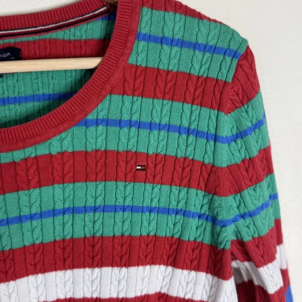 Tommy Hilfiger Sweater Womens Large Multicolor Striped Cable Knit Pullover Crew - Picture 2 of 9